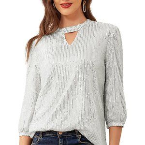 Women's Sparkle Sequin Tops Shimmer Glitter Slim Keyhole Neck Party Tunic Tops